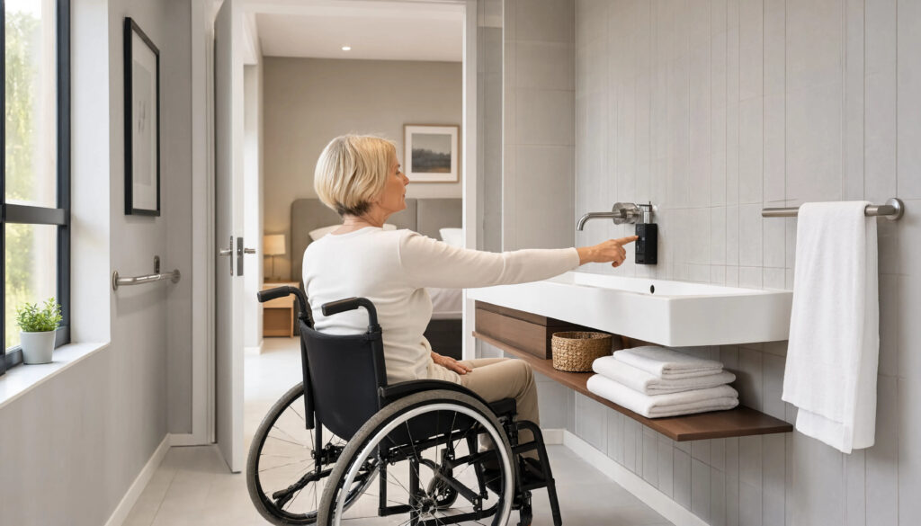Senior woman in a wheelchair activating a smart sensor faucet in an accessible bathroom with wheelchair bathroom accessible disabled accessibility handicap inclusive independent